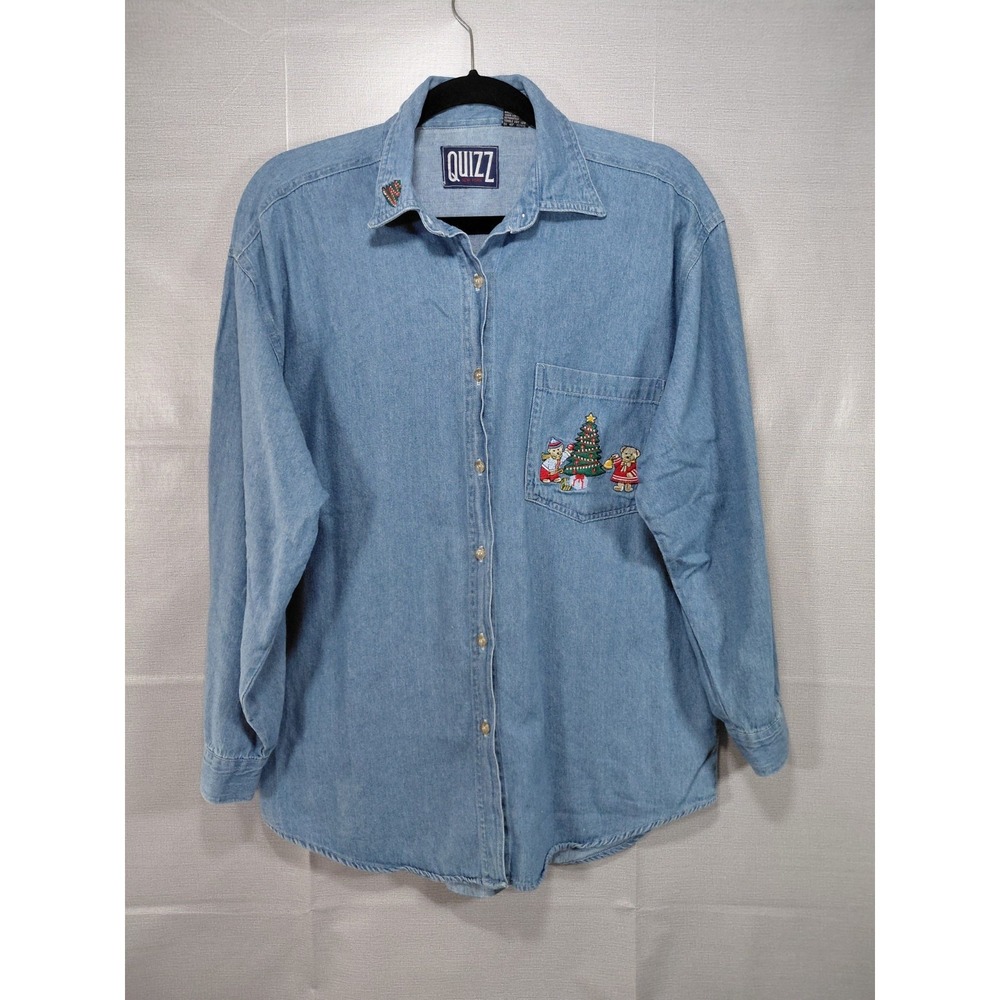 Vtg‎ Quiz New York Christmas Teddy Bear Denim Shirt Med Long Sleeve Button Up